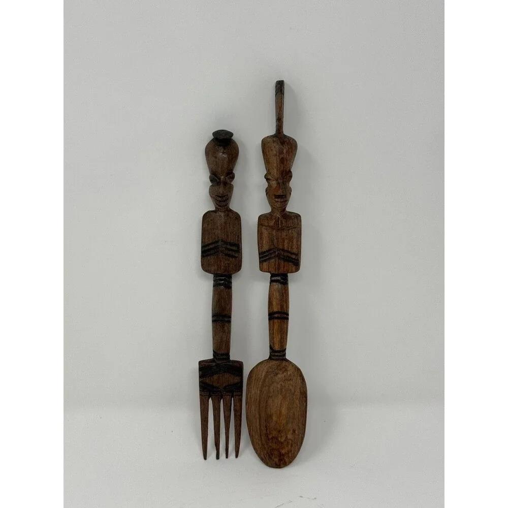 5pc Wood Serving Set 12in Bowl Spoon Fork Carved Giraffe Handles African